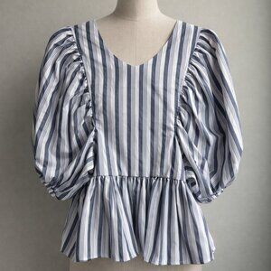 NWT Habitual Girl Striped Balloon Sleeve Blouse Blue White Girls Size 14